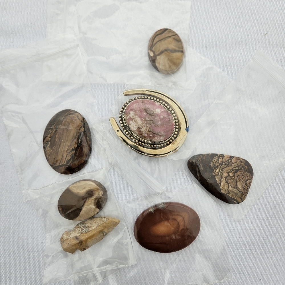 Lot Of 7 Polished Stones, Pink and Brown Stone Cabochons